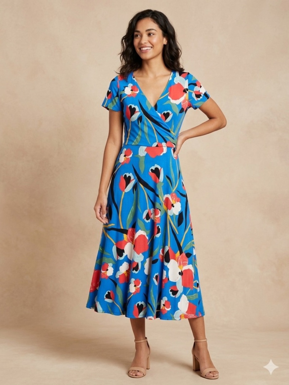 Sigrid Olsen Floral Faux Wrap Dress Size M Blue Red Tulip Print Jersey Midi